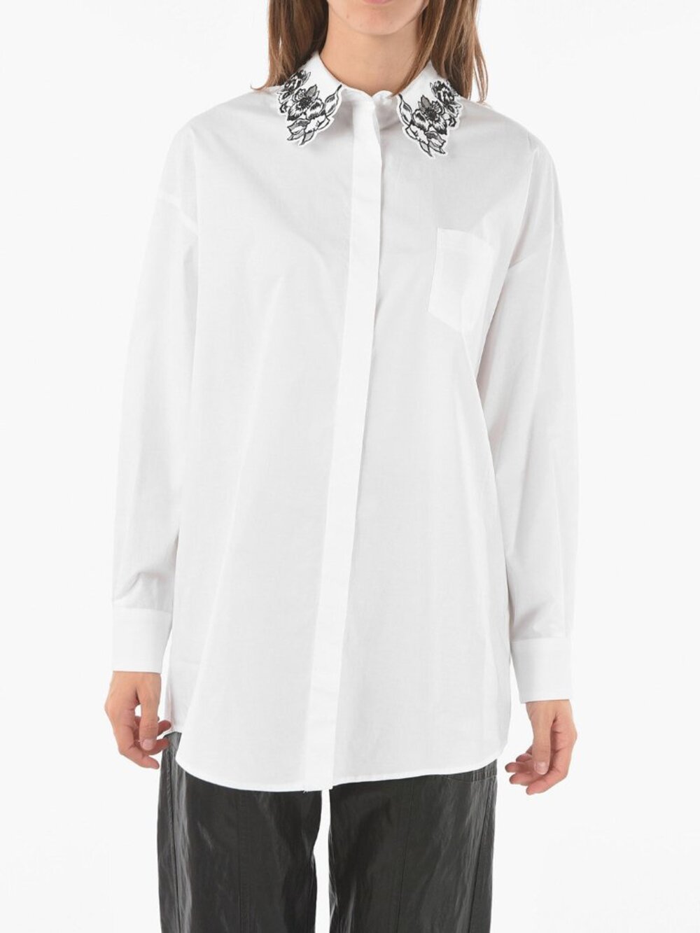 Vivetta White Embroidered Floral Collar Oversized Cotton Poplin Shirt IT 38